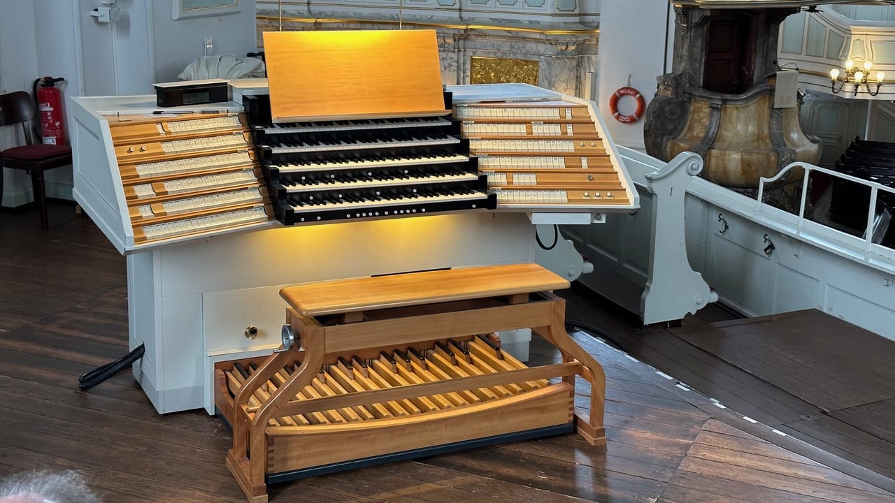 Playing the organ at St. Michael's Church, Hamburg